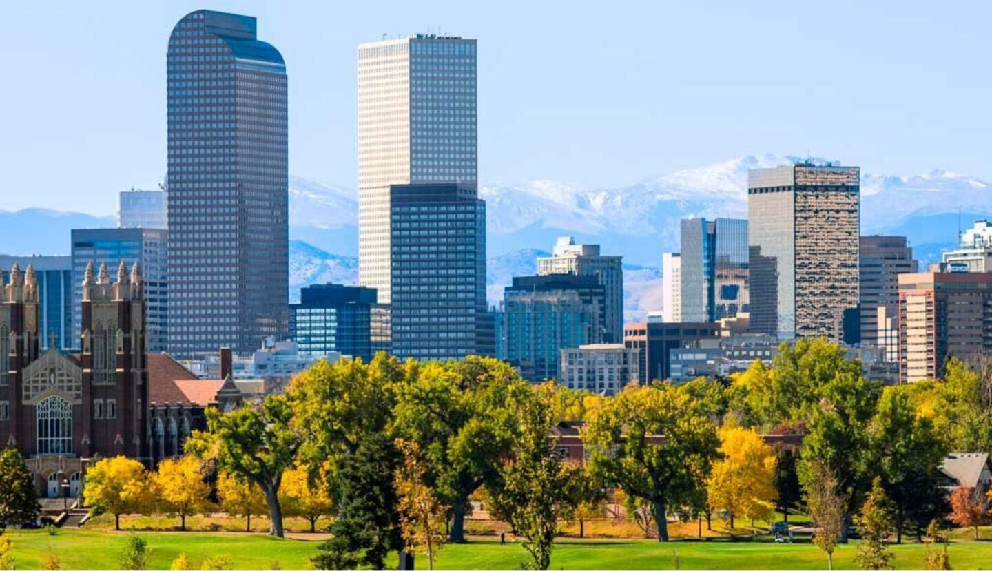 Downtown Denver skyline with trees